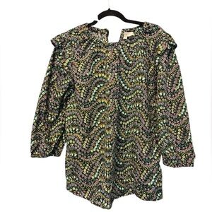 NWT Loft Black Floral Ruffle 3/4 Sleeve Blouse Ribbon Closure Size Large